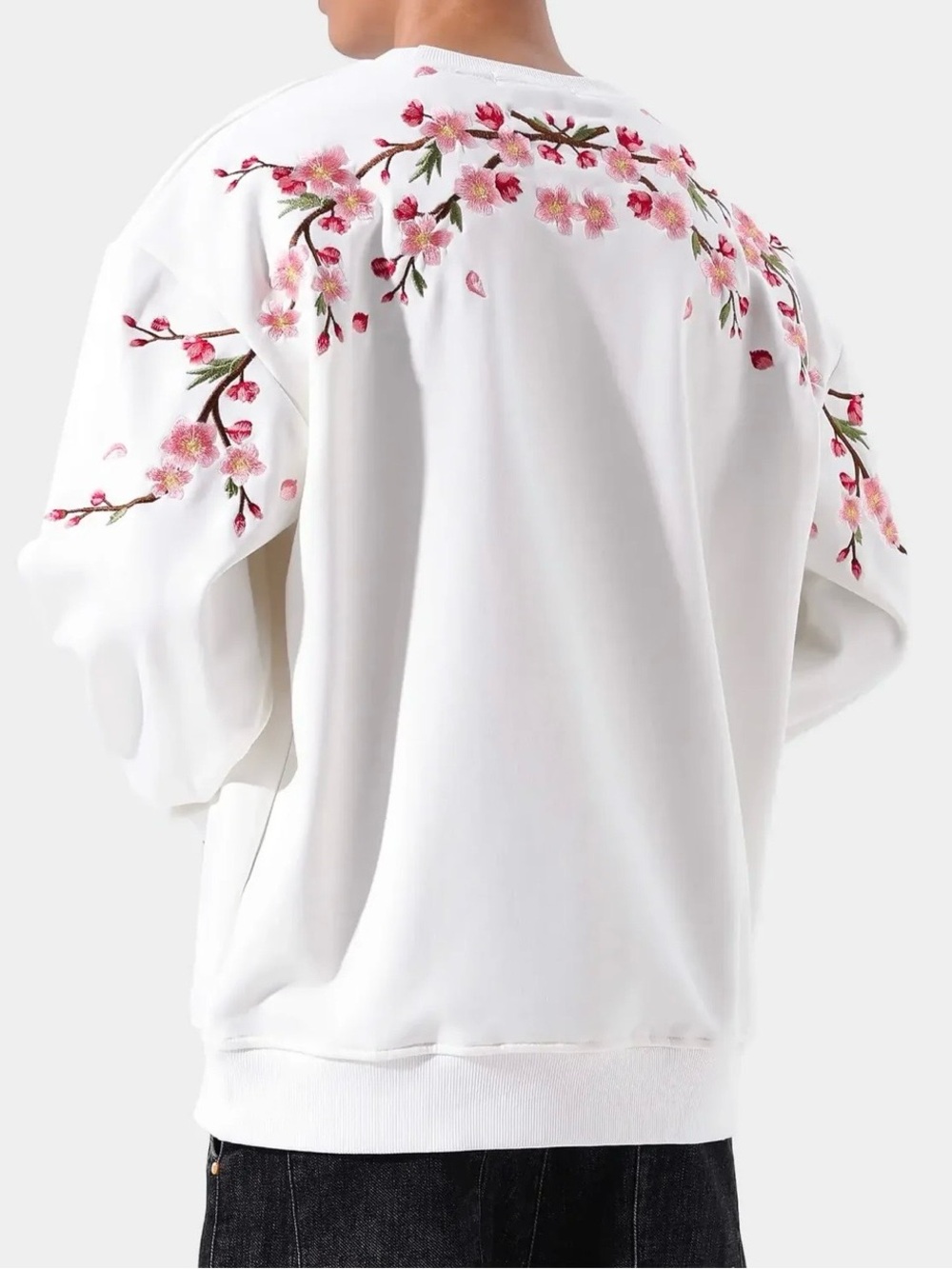 Kidoriman Sakura Floral Cherry Blossom Embroidered Sweatshirt White Cotton M